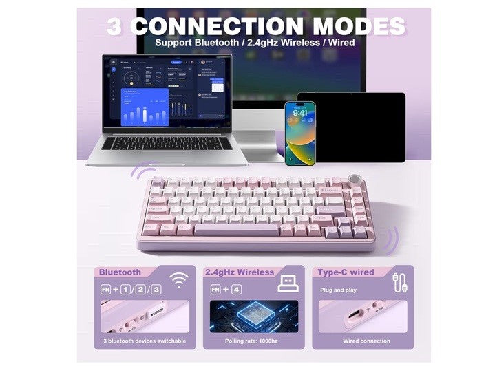 YUNZII B75 PRO Wireless Mechanical Keyboard,75% Layout with Knob,milk Purple
