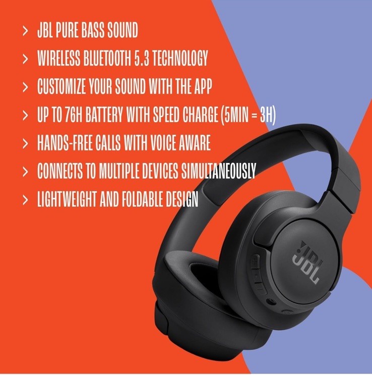 Tune 720BT - Wireless Over-Ear Headphones with Pure Bass Sound, Bluetooth 5.3,