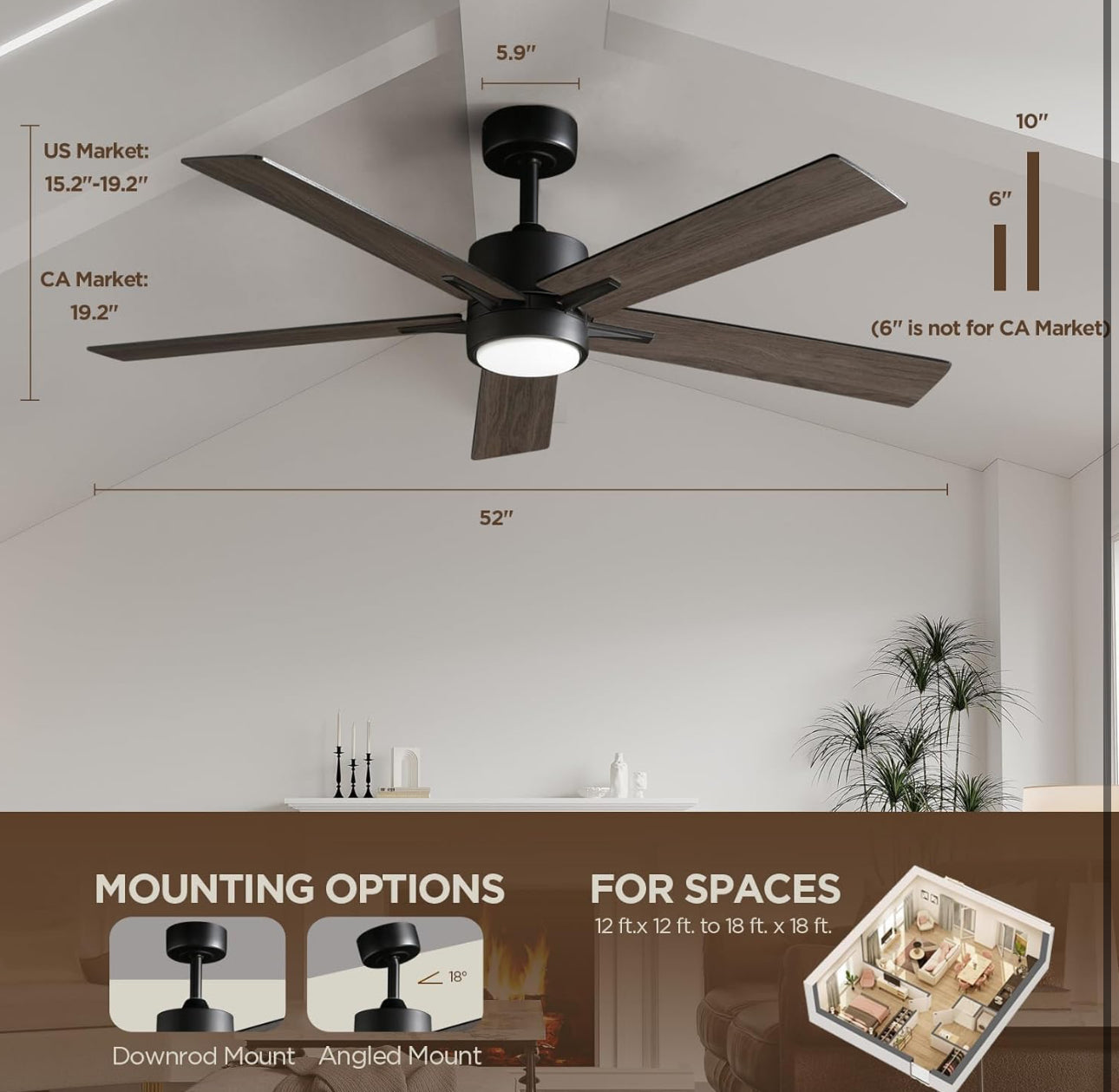 Vagizm Ceiling Fan with Light Remote (walnut)