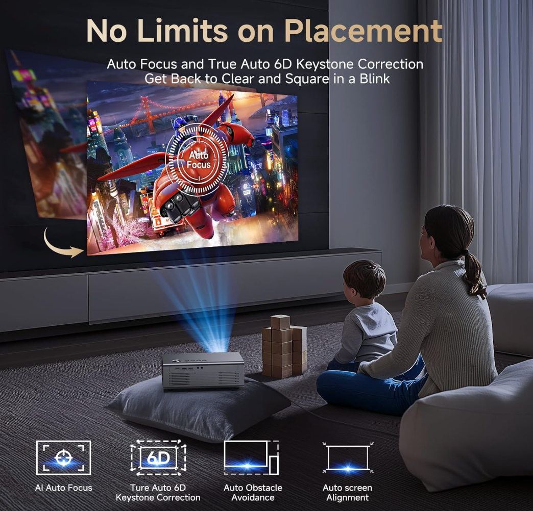 Kogata Outdoor Projector - Auto Focus 6D Keystone Smart Projector for Home Theater Native 1080P (Brand New)