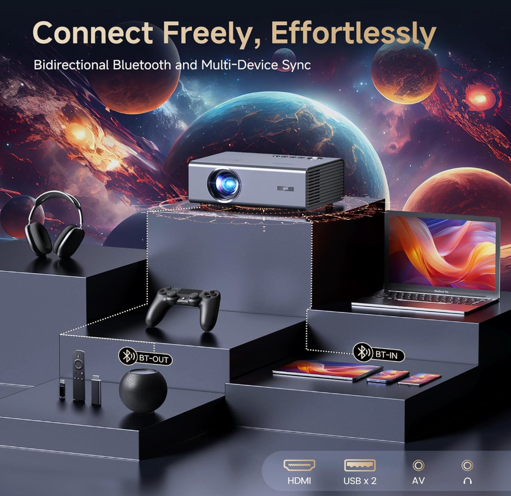 Kogata Outdoor Projector - Auto Focus 6D Keystone Smart Projector for Home Theater Native 1080P (Brand New)