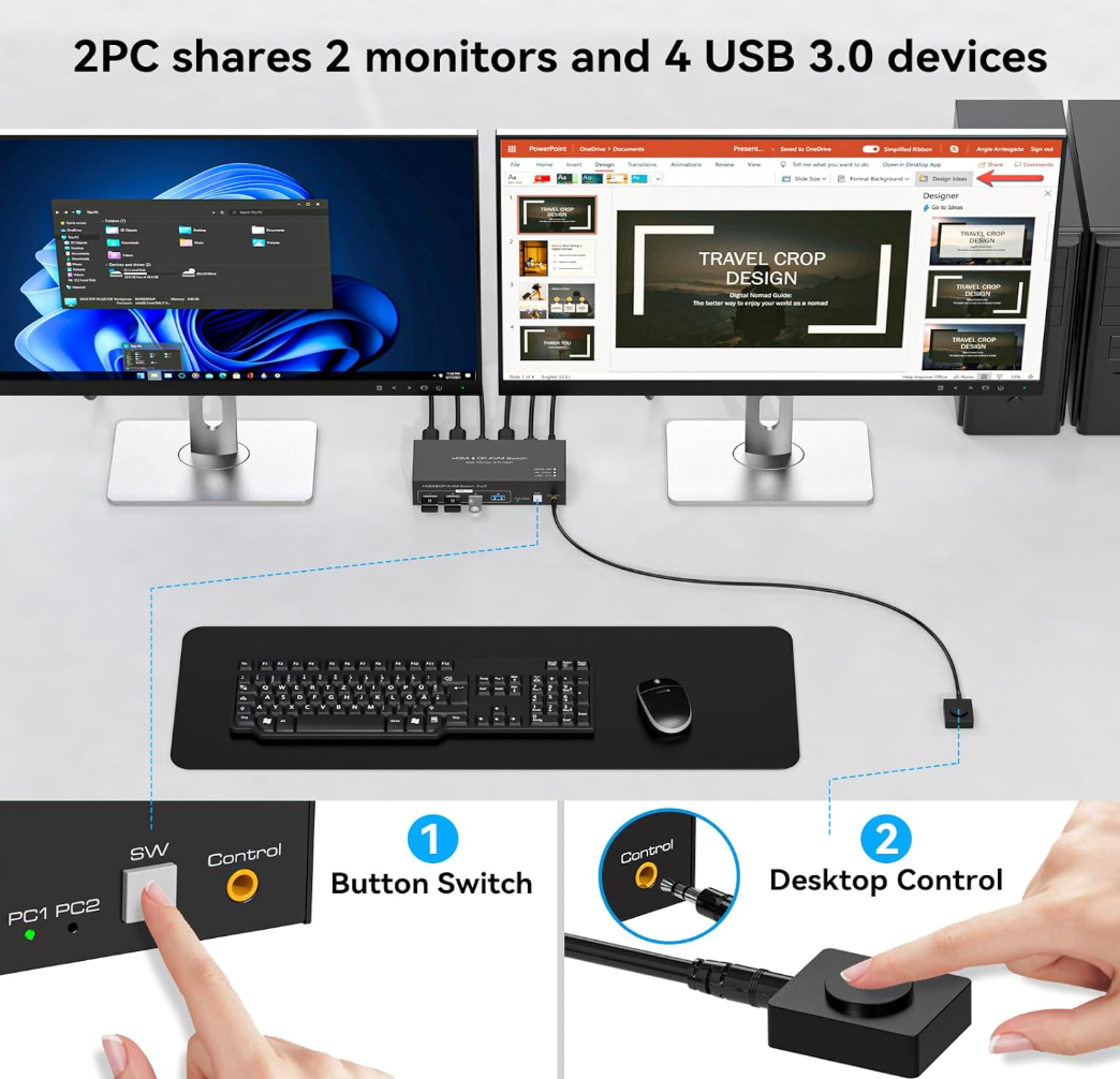 KVM Switch 2 Monitors 2 Computers Display Port and HDMI