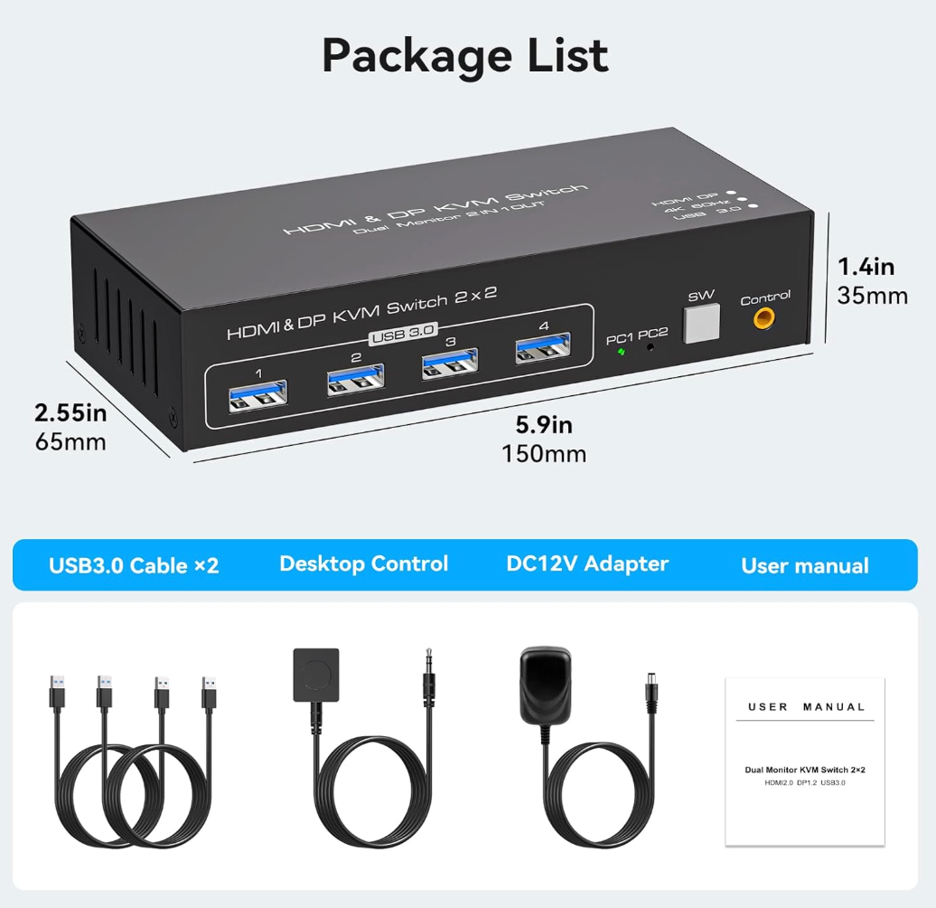 KVM Switch 2 Monitors 2 Computers Display Port and HDMI