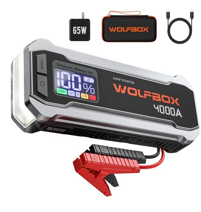 WOLFBOX MV24 4000A Jump Starter,12V Car Booster Pack with 65W Quick Charger,LED 