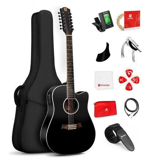 12 String Acoustic Electric Guitar Spruce Top Bone Nut Black Vangoa
