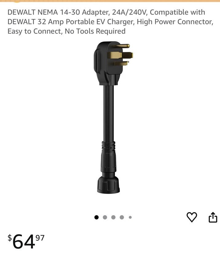 DeWalt NEMA 14-30 Adapter 24 Amp/240-Volt Compatible 32 Amp Portable EV Connect