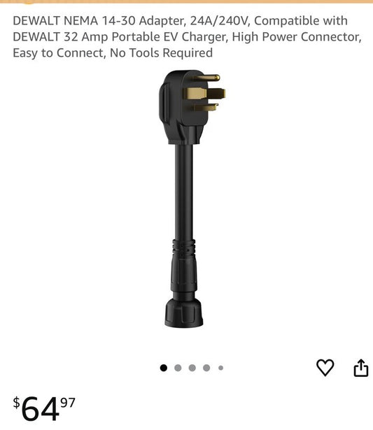 DeWalt NEMA 14-30 Adapter 24 Amp/240-Volt Compatible 32 Amp Portable EV Connect