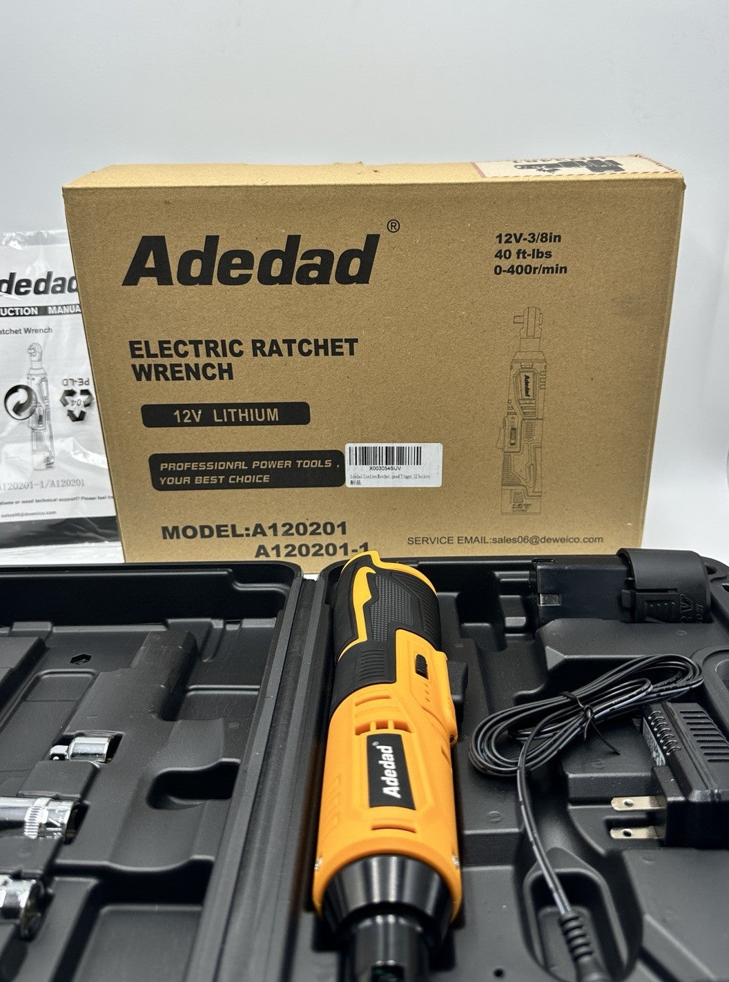 Adedad Cordless Electric Ratchet Wrench Set 3/8" 40 Ft-lb 400 RPM 12V 2 Bat NEW 