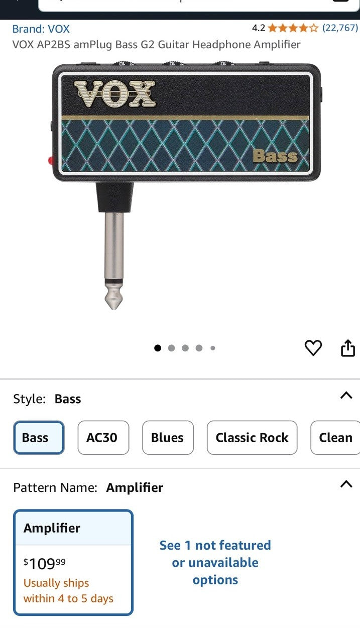 Vox AP2BS amPlug Bass 2 Headphone Guitar Amplifier