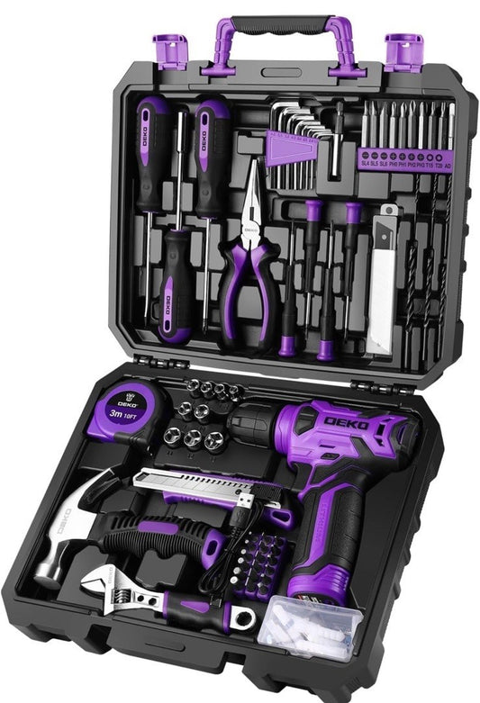 Tool Set: Tool Kit with 8V Cordless Drill, Hand Toolbox with storage case, To...