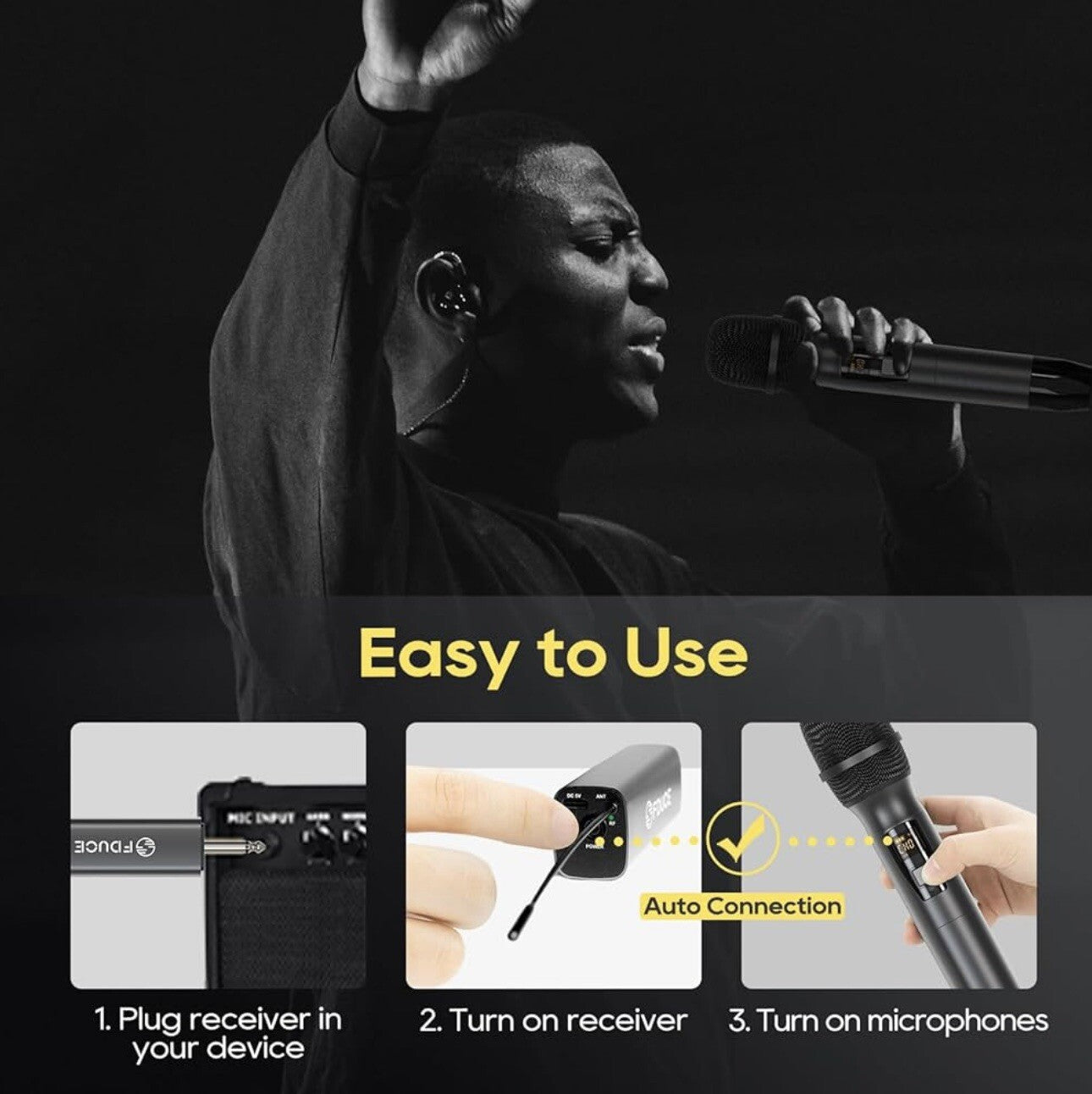 FDUCE W19II Wireless Microphone, Karaoke Mic (Grey and Gold)
