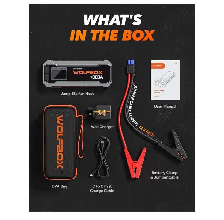 WOLFBOX MV24 4000A Jump Starter,12V Car Booster Pack with 65W Quick Charger,LED 
