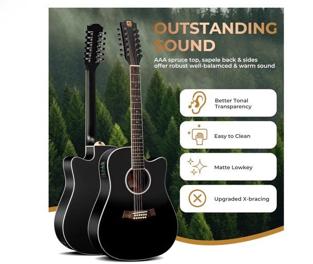 12 String Acoustic Electric Guitar Spruce Top Bone Nut Black Vangoa