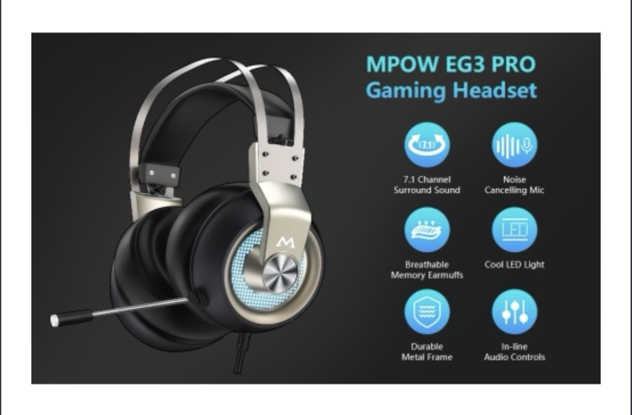 MPOW (BH357A) EG3 Pro Gaming Headset, Surround Sound - Black/silver
