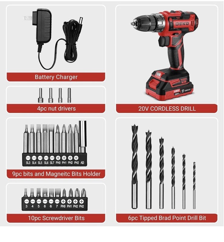 DEKO PRO 20V Cordless Drill Set DKCD20XL02G (TDY027119) Red