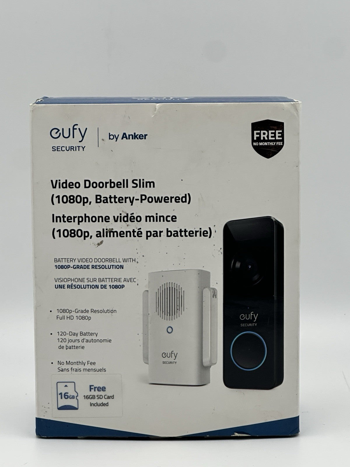 Eufy Full HD 1080p Battery Wireless Video Doorbell Slim with Chime - Black Used