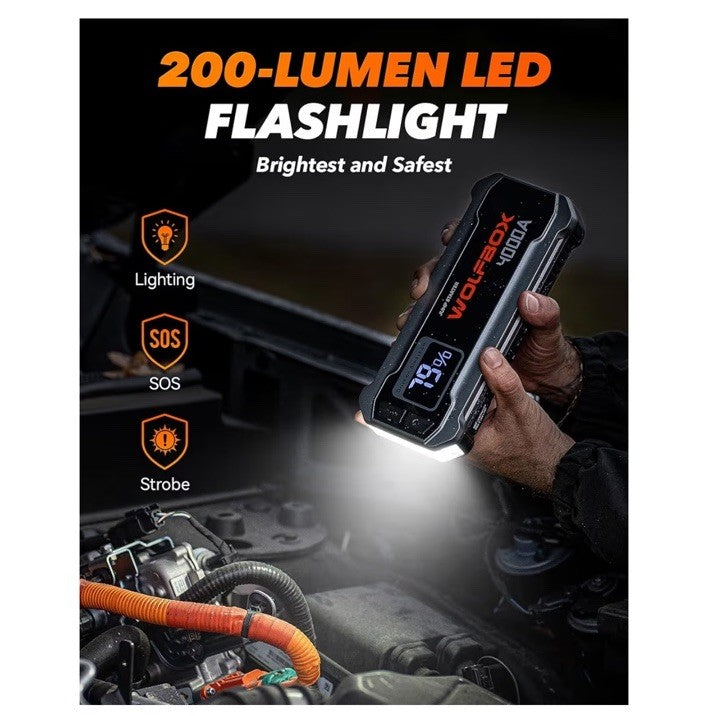 WOLFBOX MV24 4000A Jump Starter,12V Car Booster Pack with 65W Quick Charger,LED 