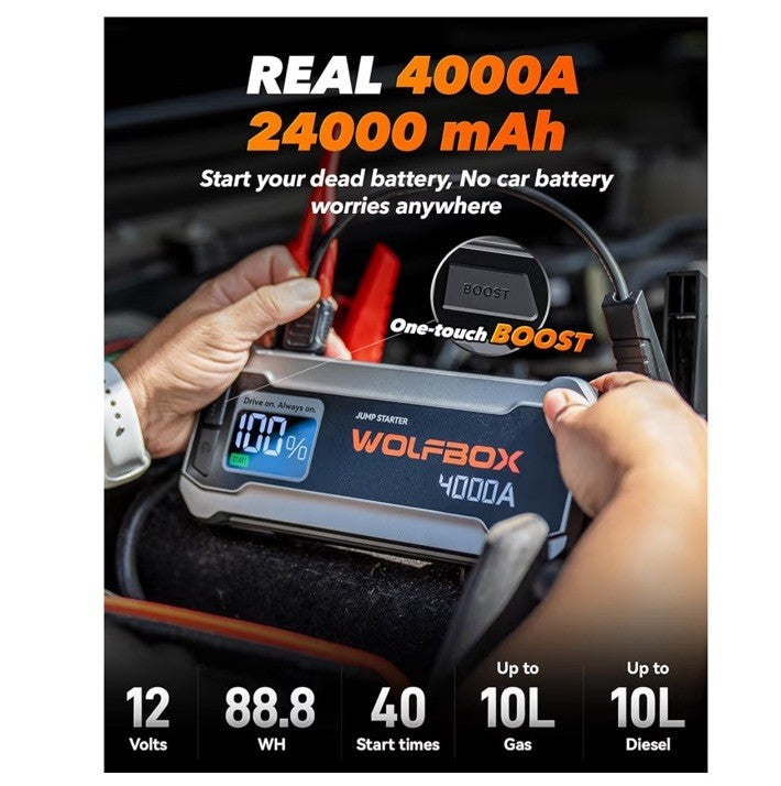 WOLFBOX MV24 4000A Jump Starter,12V Car Booster Pack with 65W Quick Charger,LED 