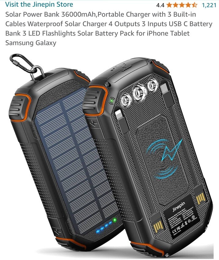 Jinepin Solar Power Bank 36000mAh, Deep Orange (PN-W23)