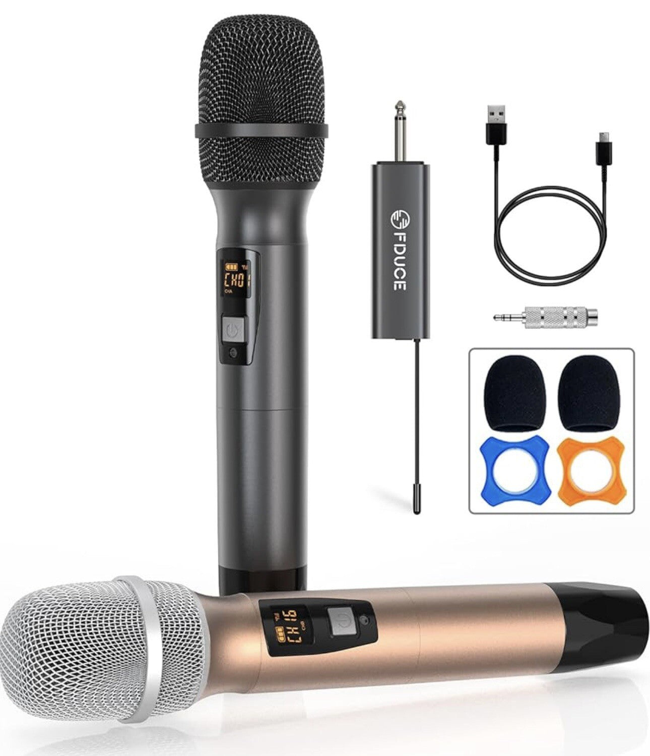 FDUCE W19II Wireless Microphone, Karaoke Mic (Grey and Gold)