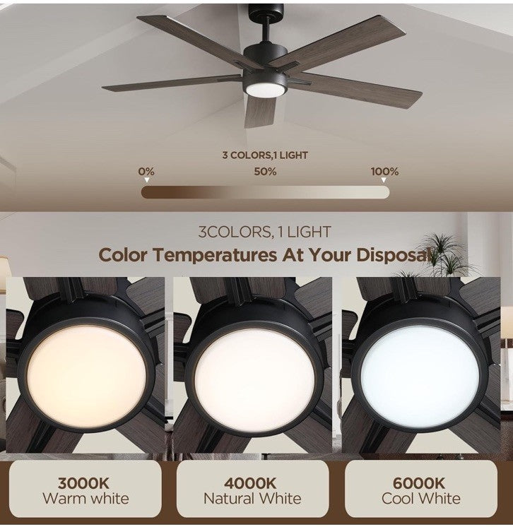 52 inch Modern Ceiling Fan with Light Remote Tri-Color Temperature LED