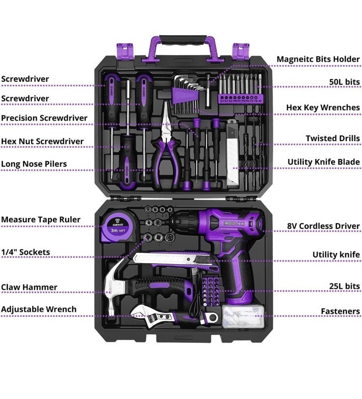 Tool Set: Tool Kit with 8V Cordless Drill, Hand Toolbox with storage case, To...