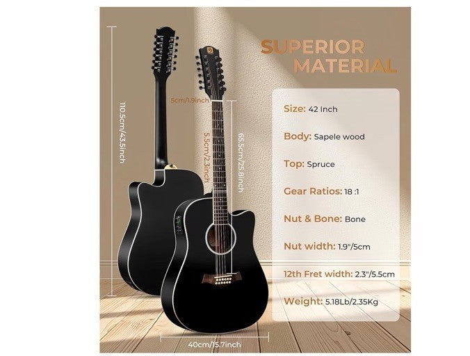 12 String Acoustic Electric Guitar Spruce Top Bone Nut Black Vangoa
