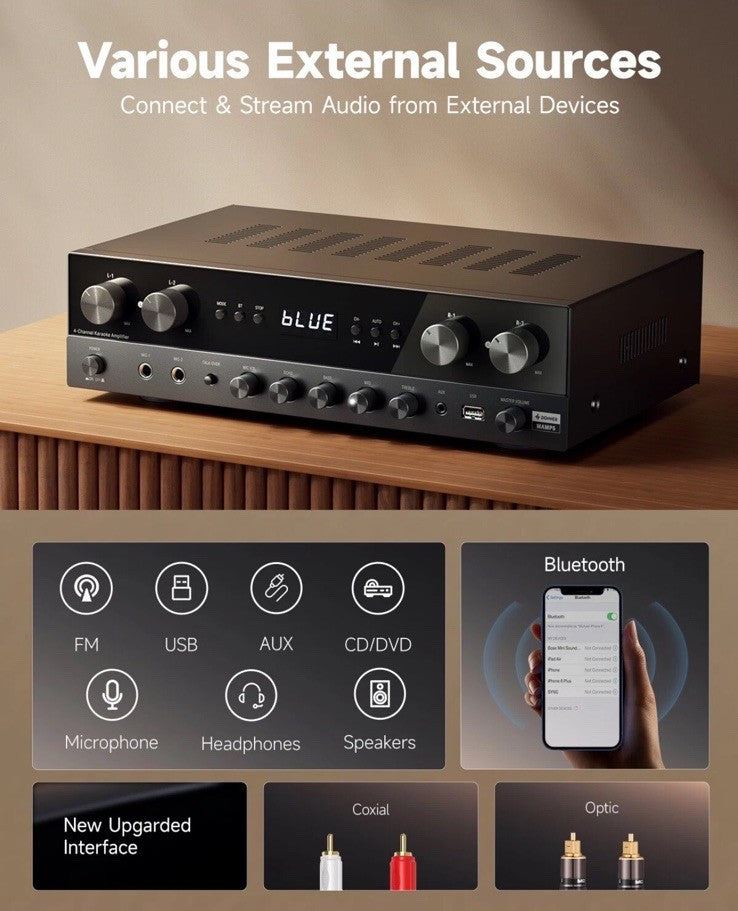 🔊 Donner MAMP5 Bluetooth HiFi Power Amplifier Receiver 4 Channel Audio Amp 440W
