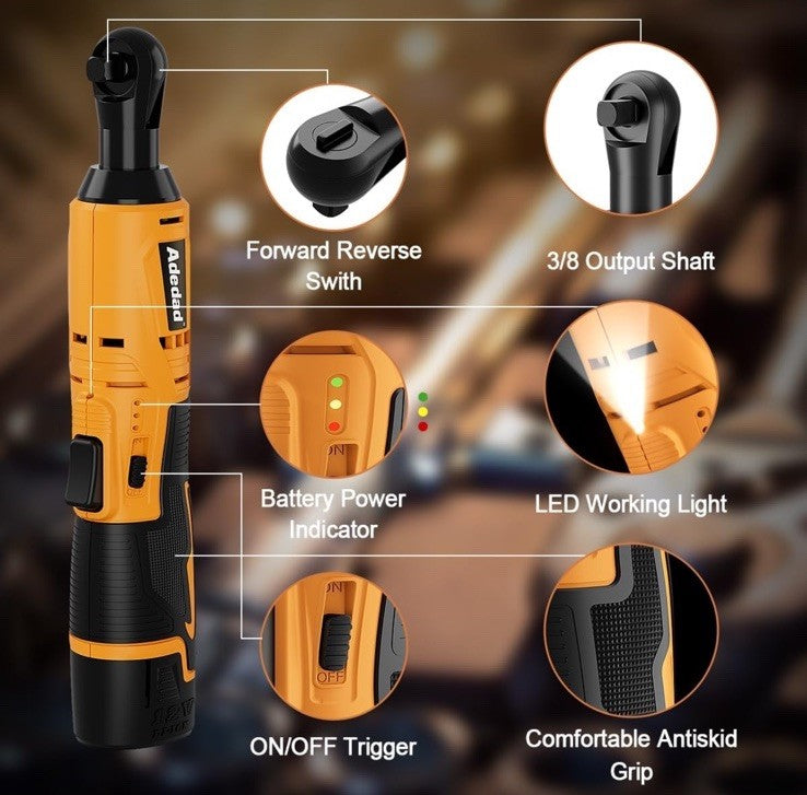 Adedad Cordless Electric Ratchet Wrench Set 3/8" 40 Ft-lb 400 RPM 12V 2 Bat NEW 