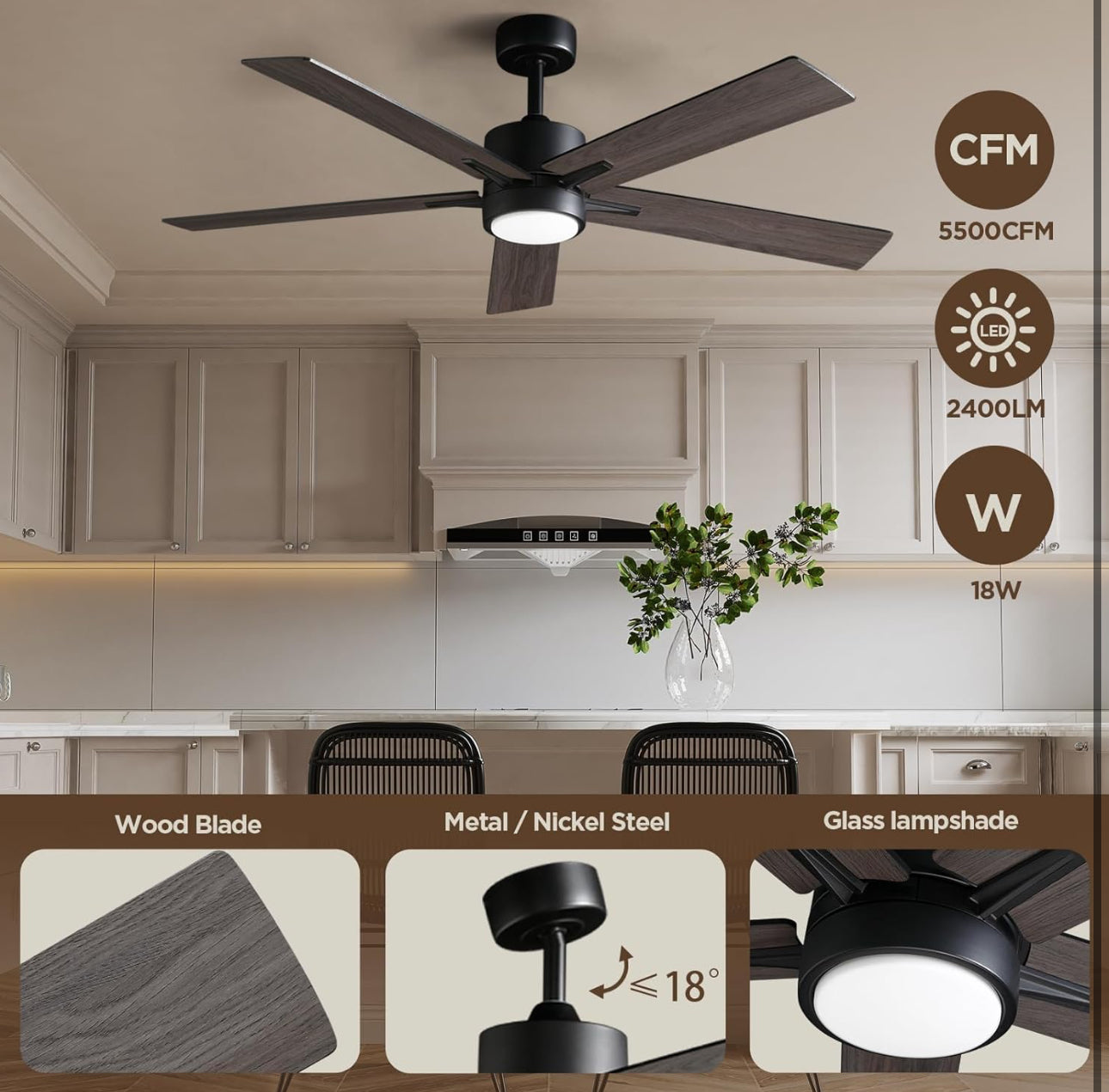 Vagizm Ceiling Fan with Light Remote (walnut)