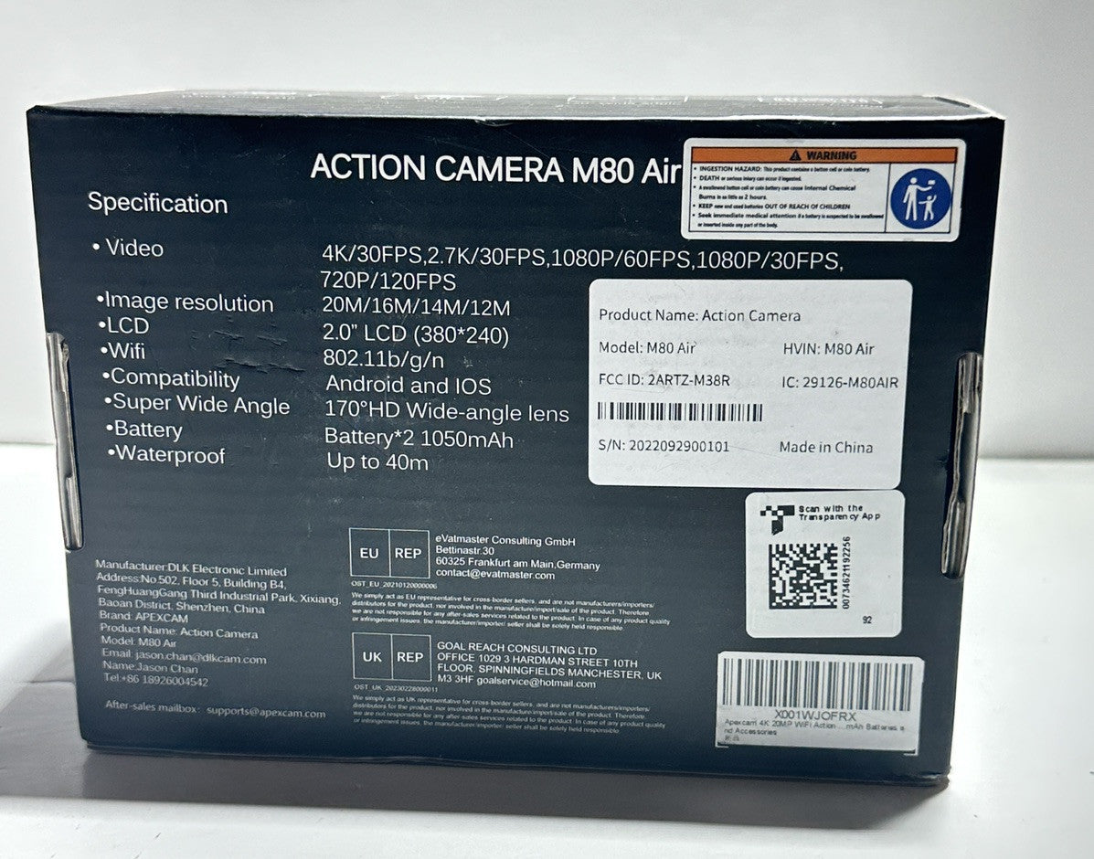 Apexcam Action Camera M80 Air Underwater Waterproof Camera, Black